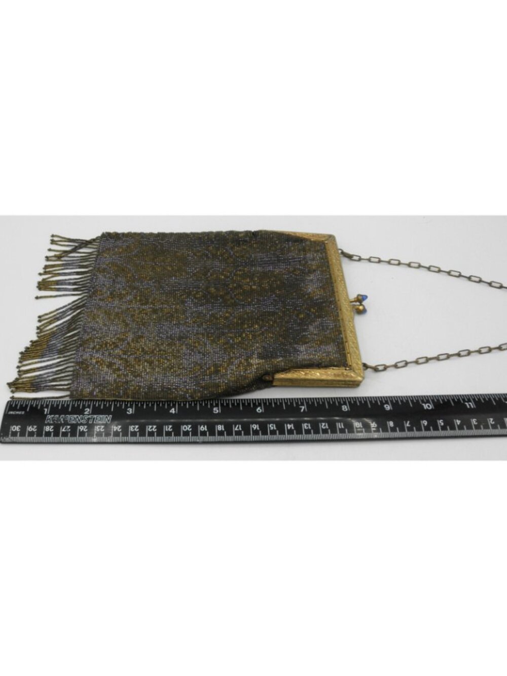 Vintage Antique Micro Beaded Purse Art Deco Evening Bag Gold Blue with Fringe - Picture 11 of 14